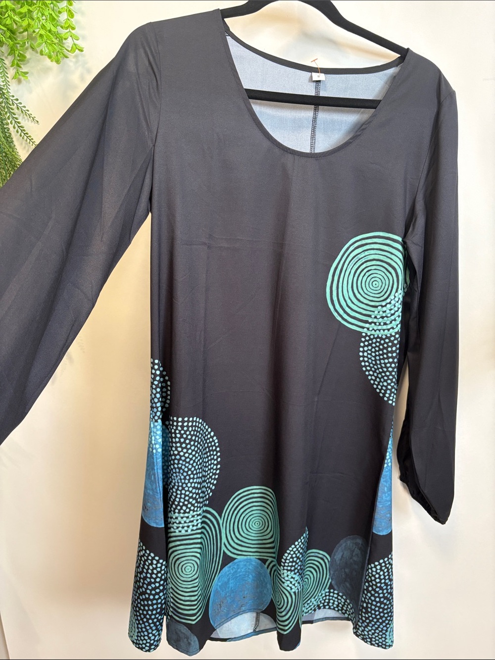 Source Unknown Black Midi Dress with Teal & Blue Circular Print